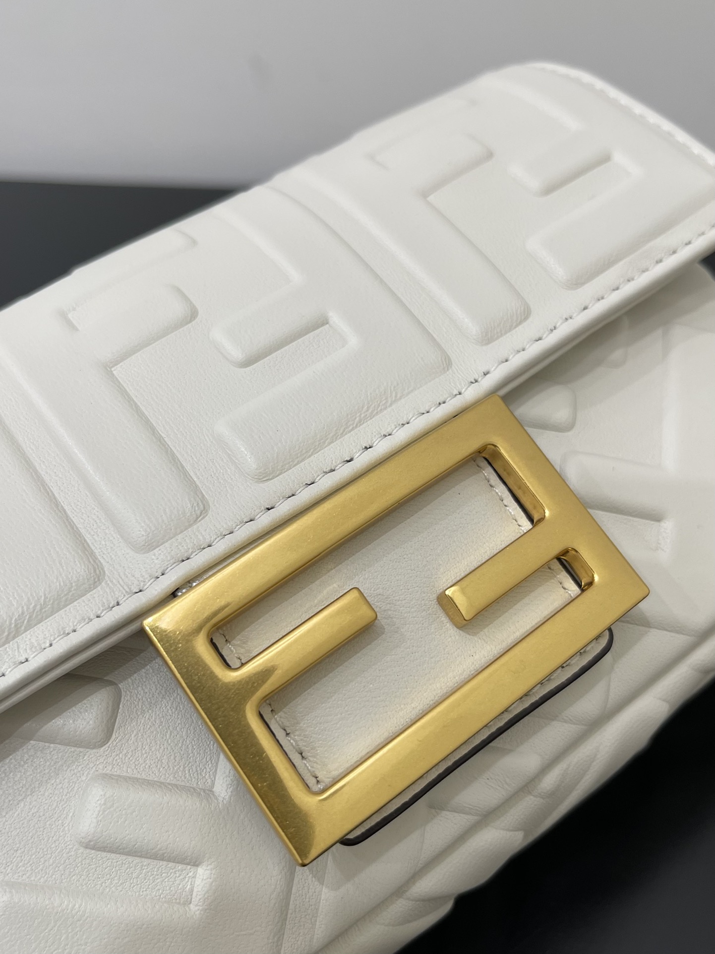 Fendi Mini Baguette Nappa Leather 3D-effect FF Shoulder Bag White 